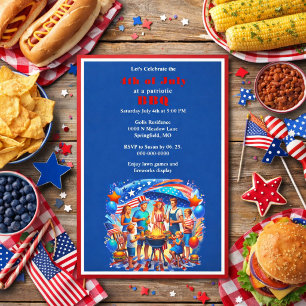 Invitation BBQ du 4 juillet Rouge Blanc Bleu Patriotique
