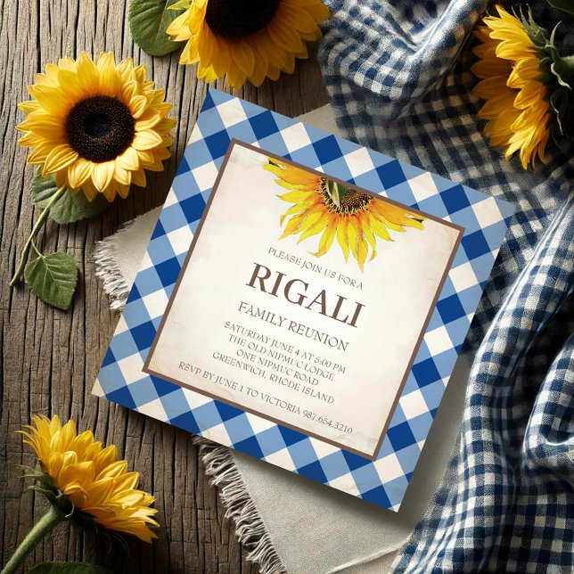 Invitation BBQ En vichy Imprimer (Family reunion invitations sunflower and blue gingham print.)