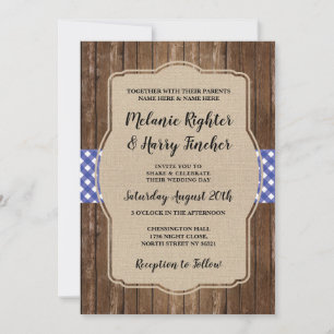 Invitation BBQ Mariage Inviter Blue En vichy Chalk Burlap