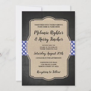 Invitation BBQ Mariage Inviter Blue En vichy Chalk Burlap
