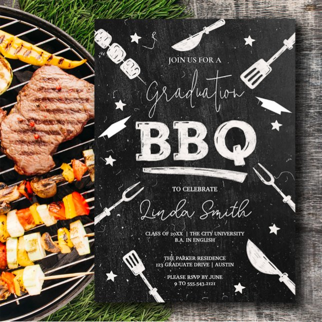 Invitation BBQ noir blanc aquarelle (Black White Watercolor Graduation BBQ Invitation #zazzlemade #bbqparty #graduationinvitation)