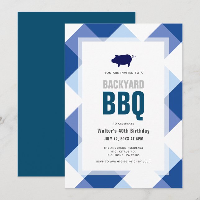 Invitation BBQ Pig Roast Marine En vichy Adulte Anniversaire (Devant / Derrière)