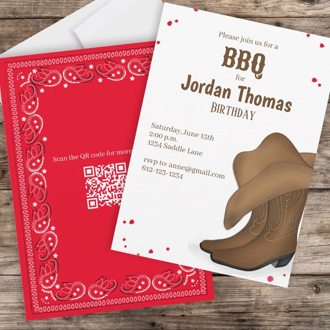Invitation BBQ Rouge Bandana Cowboy Party QR Code (Créateur téléchargé)
