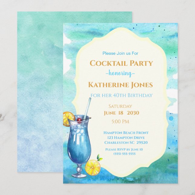 Invitation Beach Anniversaire Cocktail Party Blue Lagoon (Devant / Derrière)