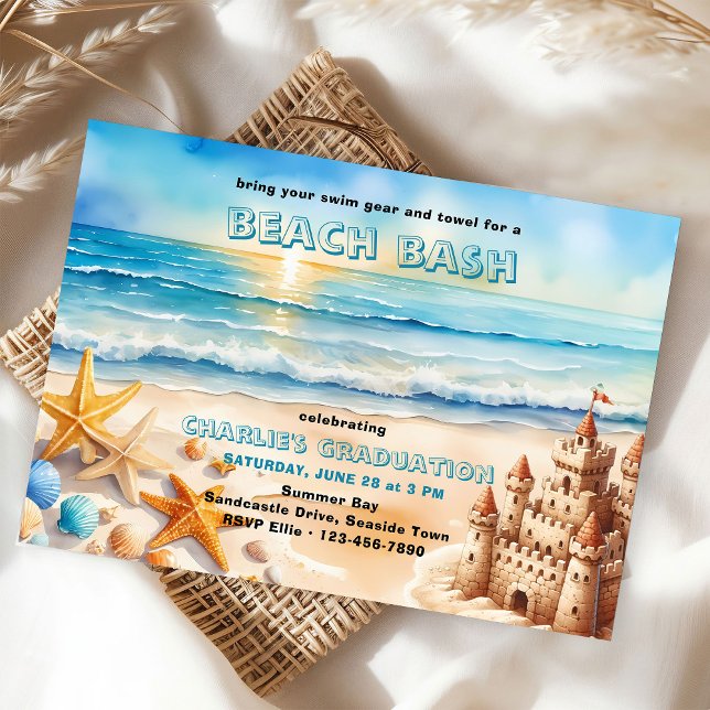 Invitation Beach Bash Sandcastle Starfish Graduation Party (Graduation party invitation for beach bash .. easy to edit for your event)
