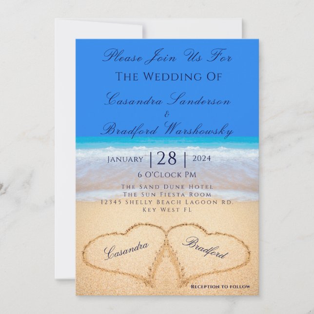 Invitation Beach Blue 2 Coeurs dans le Mariage de sable (Devant)