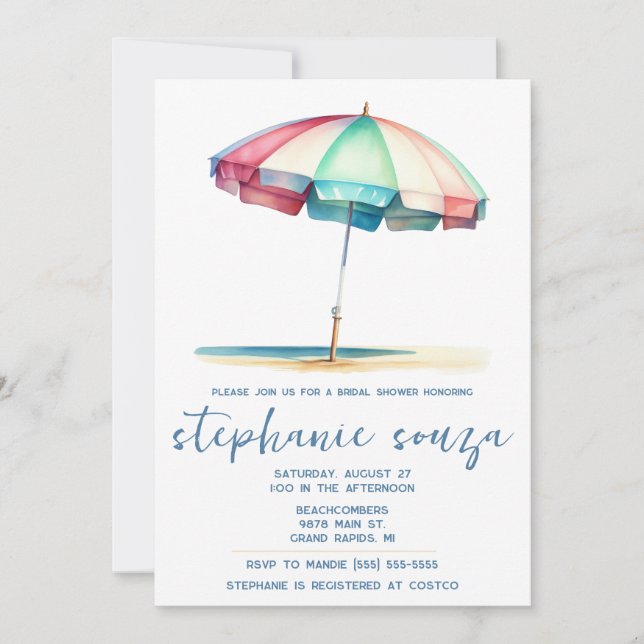 Invitation Beach, Blue, Red, Teal Umbrella, Bridal Shower (Devant)
