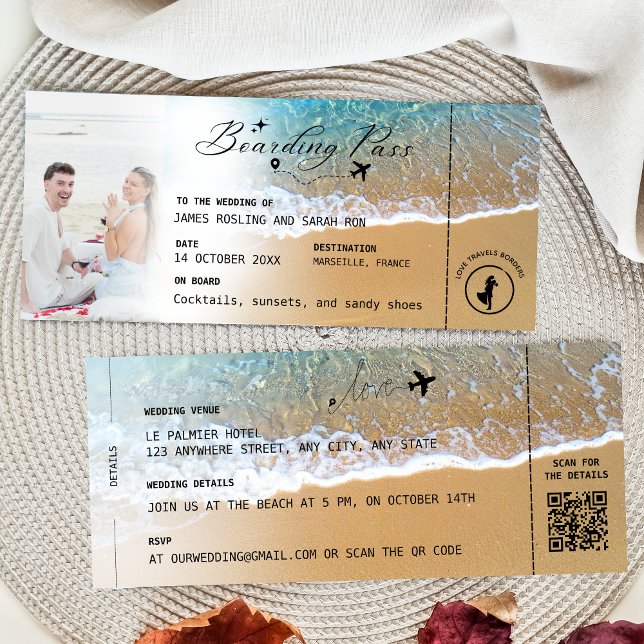 Invitation Beach Boarding Pass Wedding Destination QR code In (Créateur téléchargé)