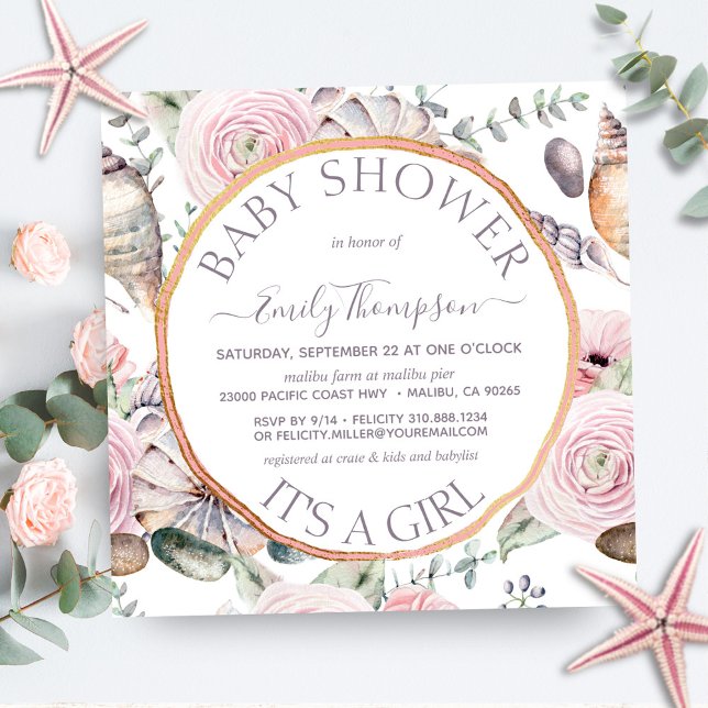 Invitation Beach Bouquet Seashell Rose Gold Girl Baby shower (Créateur téléchargé)