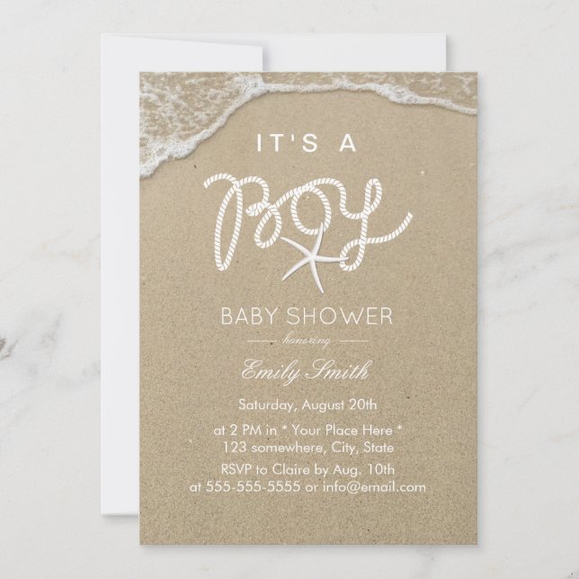 Invitation Beach Boy Baby shower Tropical Starfish (Devant)
