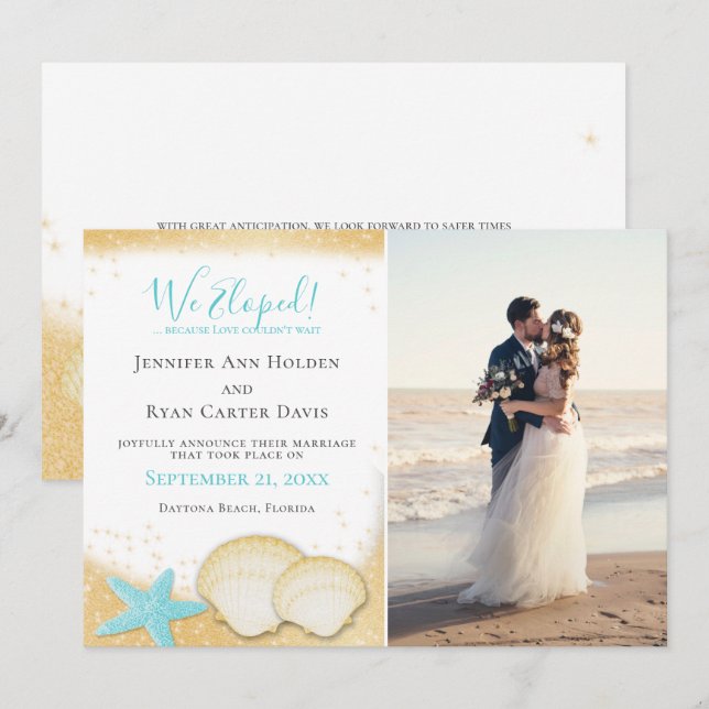 Invitation Beach Gold Sparkle We Elopé avec Mariage photo (Devant / Derrière)