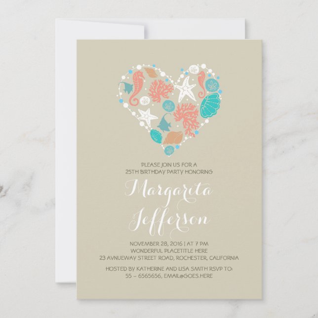 Invitation Beach Heart Nautical Coastal fête d'anniversaire (Devant)
