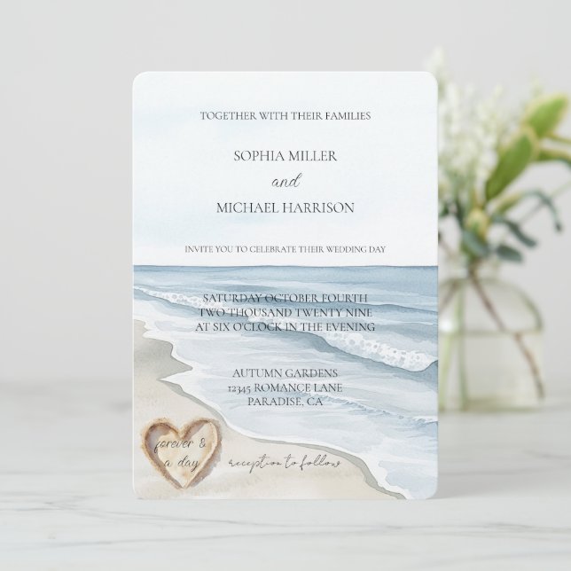 Invitation Beach Ocean Heart Sand Mariage (Debout devant)
