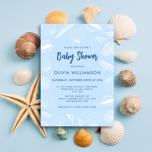 Invitation Beach Ocean Sea Shells Boy Baby shower (Baby blue seashell baby shower invitation for beach ocean nautical theme mom to be celebrations)