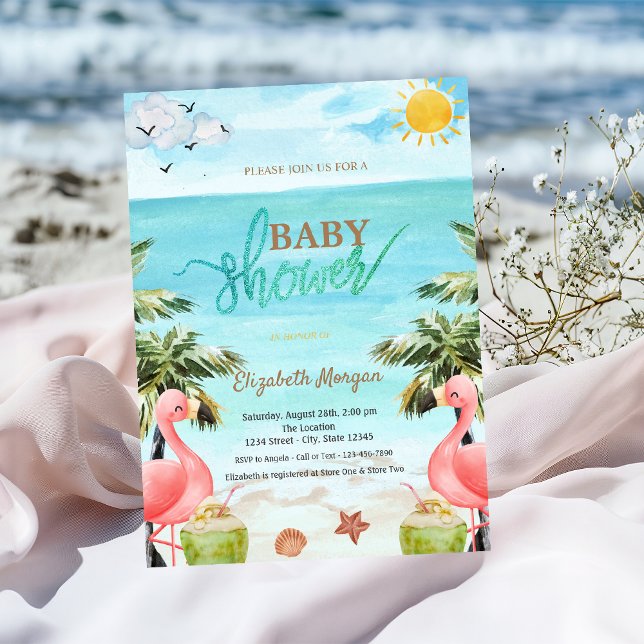 Invitation Beach Palm Pink Flamants roses Baby shower à cockt (Créateur téléchargé)