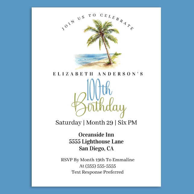 Invitation Beach Palm Tree 100th Birthday (Tropical beach palm tree 100th birthday invitation)