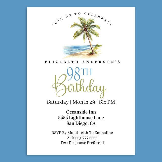 Invitation Beach Palm Tree 98th Birthday (Tropical beach palm tree 98th birthday invitation 
)