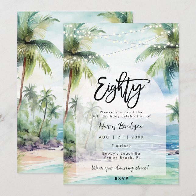 Invitation beach palmiers fête du 80e anniversaire (Devant / Derrière)
