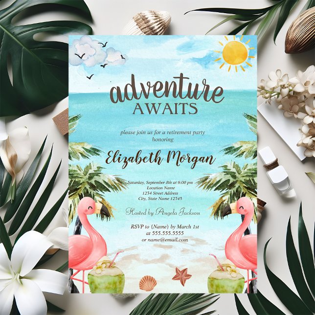 Invitation Beach Palms Flamants roses roses Cocktails (Créateur téléchargé)