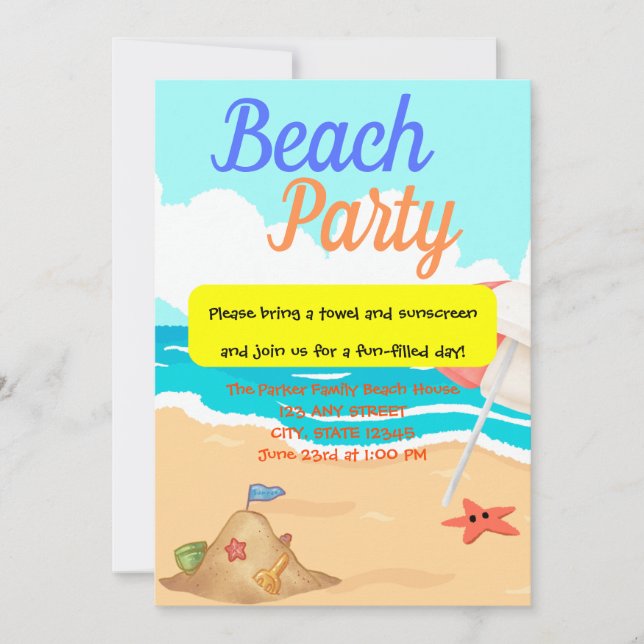 Invitation Beach Party avec Sand Castle & Starfish Party (Devant)