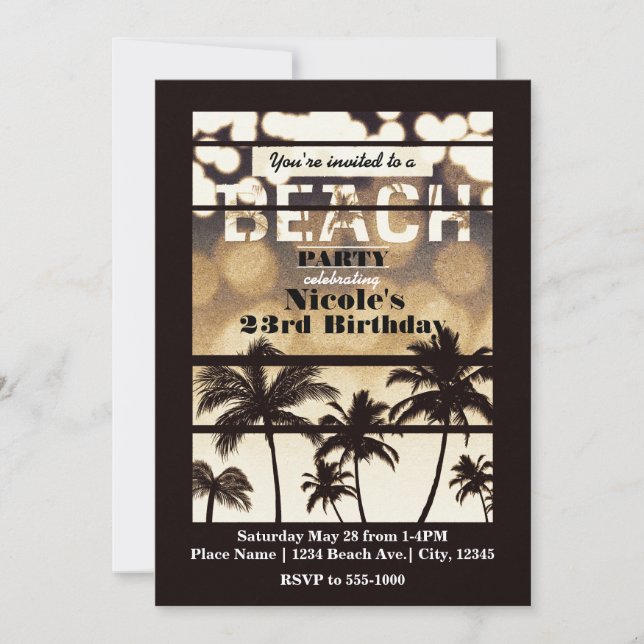Invitation Beach Party Palm Trees Tropical Golden Night Glam (Devant)