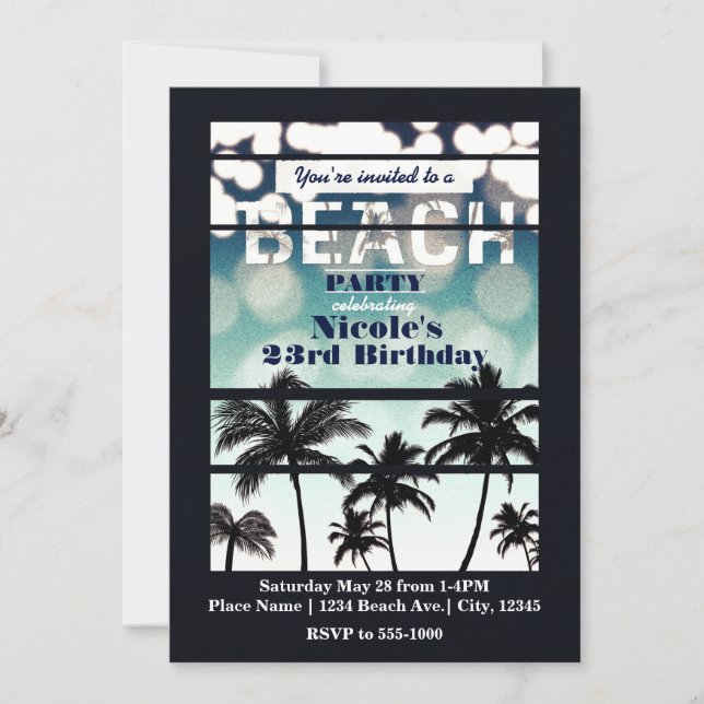 Invitation Beach Party Palm Trees Tropical Vert Vintage (Devant)