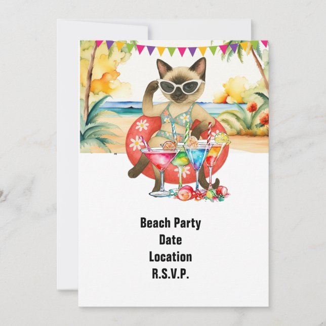 Invitation Beach Party Siamese Chat Beach Tropical été (Devant)