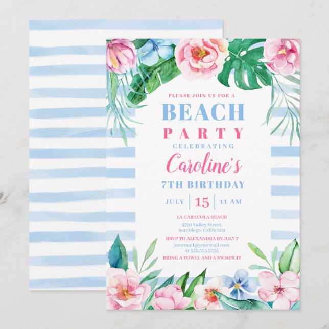 Invitation Beach Party Tropical Floral Bleu rayures Anniversa (Devant / Derrière)