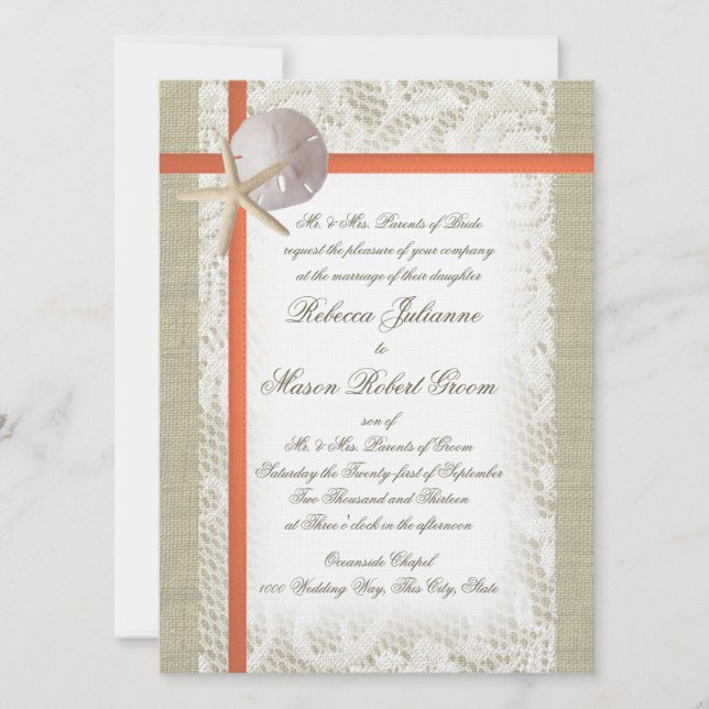 Invitation Beach Romance Burlap et Lace Mariage Coral (Devant)