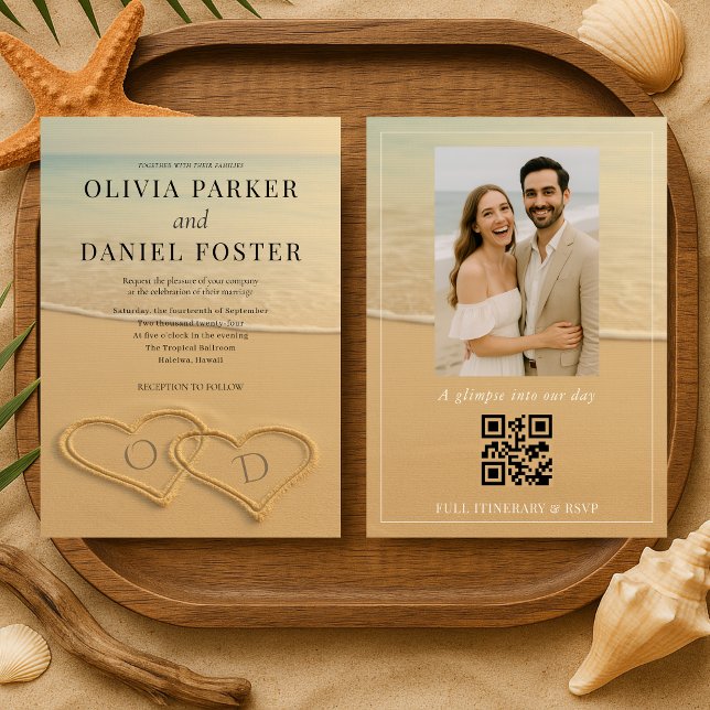 Invitation Beach Sand Hearts Tropical Photo QR Code Wedding  (Créateur téléchargé)