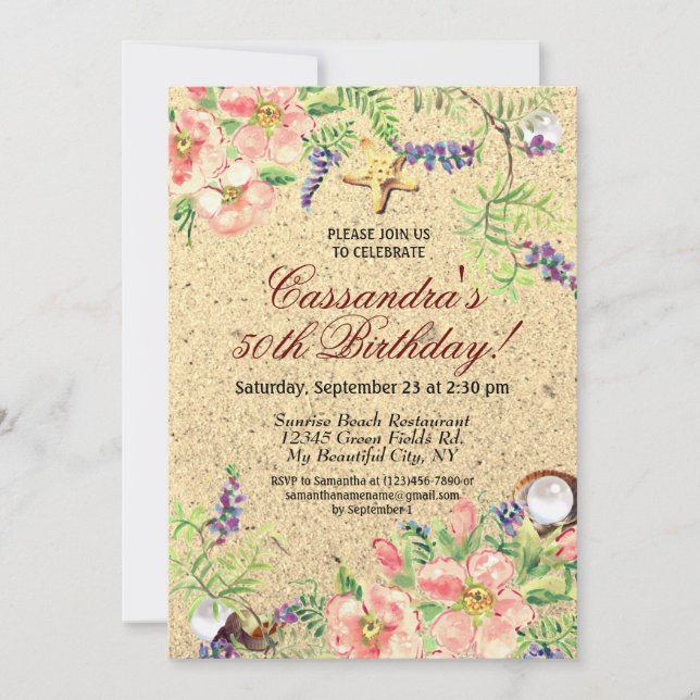 Invitation Beach Sand Shells Aquarelle Floral 50e Anniversair (Devant)