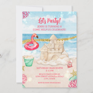 Invitation Beach Sandcastle Flamant rose Anniversaire Fête Té