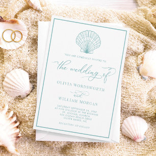 Invitation Beach Seashell Elégant Mariage bleu verre de mer
