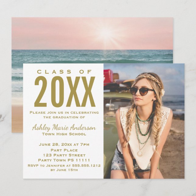 Invitation Beach Sunset Pink Gold Graduation Party avec photo (Devant / Derrière)