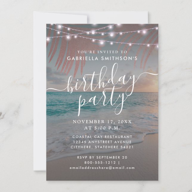 Invitation Beach Sunset String Lights Dusk Birthday Party (Devant)