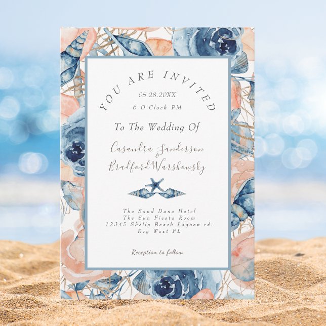 Invitation Beach Watercolor Shell Rose Floral Blue Mariage (Créateur téléchargé)