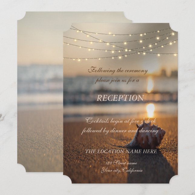 Invitation Beach Wedding Sunset Seashell Réception (Devant / Derrière)
