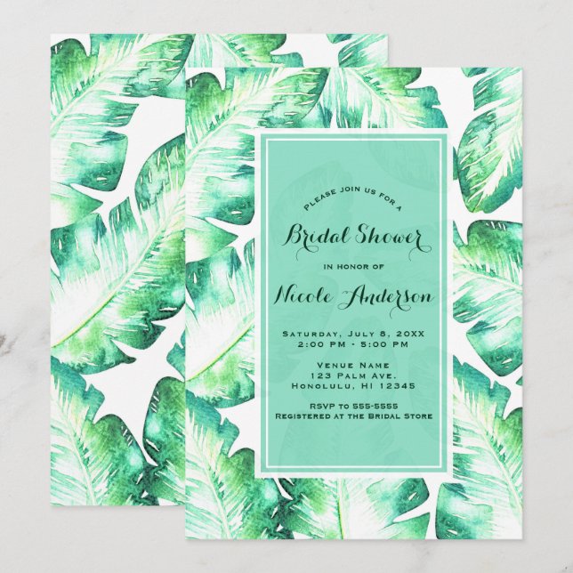 Invitation Beachy White & Green Fête des mariées Feuille trop (Devant / Derrière)