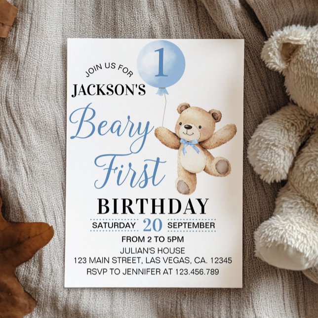 Invitation Béaire Bleu Teddy Premier anniversaire (Créateur téléchargé)