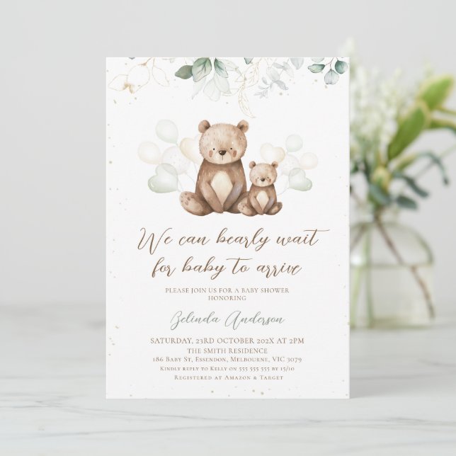 Invitation Bear and Cub We Can Bearly Wait Baby shower (Debout devant)
