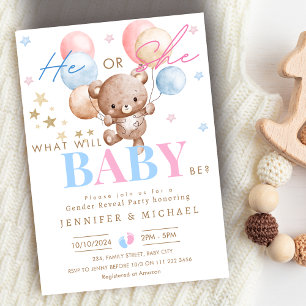 Invitation Bear Balloon Genre Reveal Party Garçon ou fille