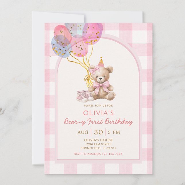Invitation Bear Balloon Pink Gingham Beary First Birthday (Devant)