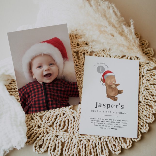 Invitation Bear Balloon Santa Hat photo premier anniversaire (Zazzle Bear Balloon Santa Hat First Birthday Photo Invitation)