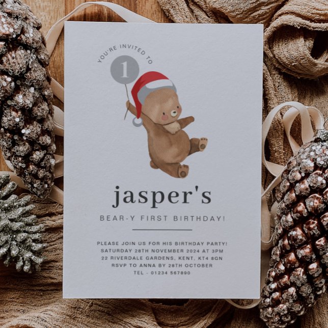 Invitation Bear Balloon Santa Hat Premier Anniversaire Invita (Bear Balloon Santa Hat First Birthday Invitation)