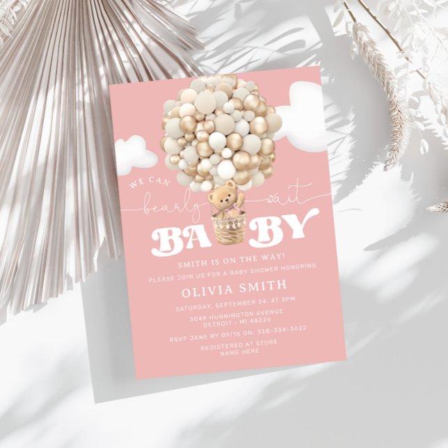 Invitation Bear Balloons Girl Bearly Wait Baby shower (Créateur téléchargé)