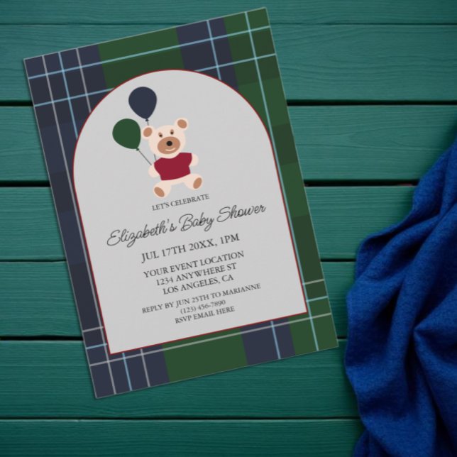 Invitation Bear & Balloons Plaid Baby Shower (Créateur téléchargé)