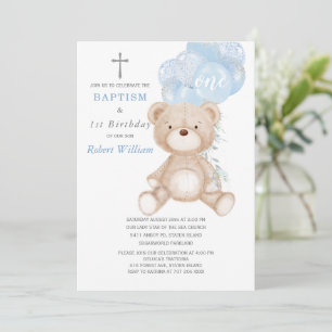 Invitation Bear Boy First Birthday and Baptism