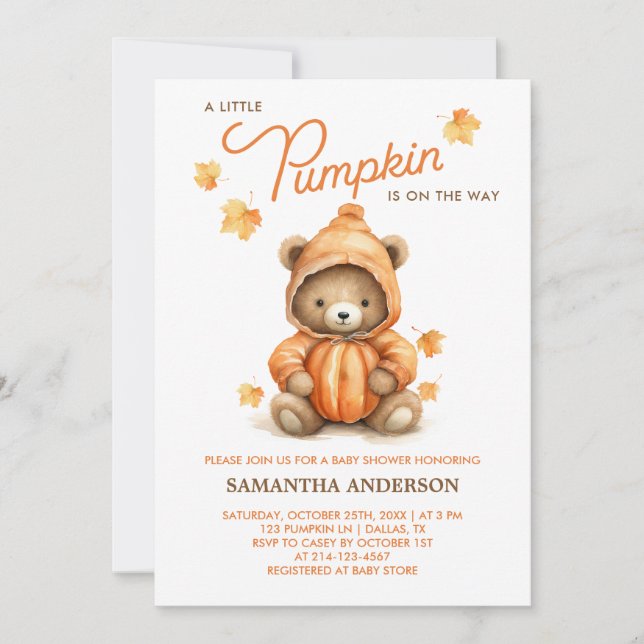 Invitation Bear Citrouille mignonne Baby shower d'automne Inv (Devant)