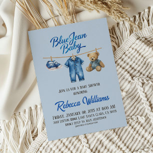 Invitation Bear Clothesline Blue Jean Baby Denim Baby shower