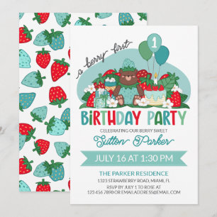 Invitation Bear Cub Bleu fraise Berry 1er anniversaire fête